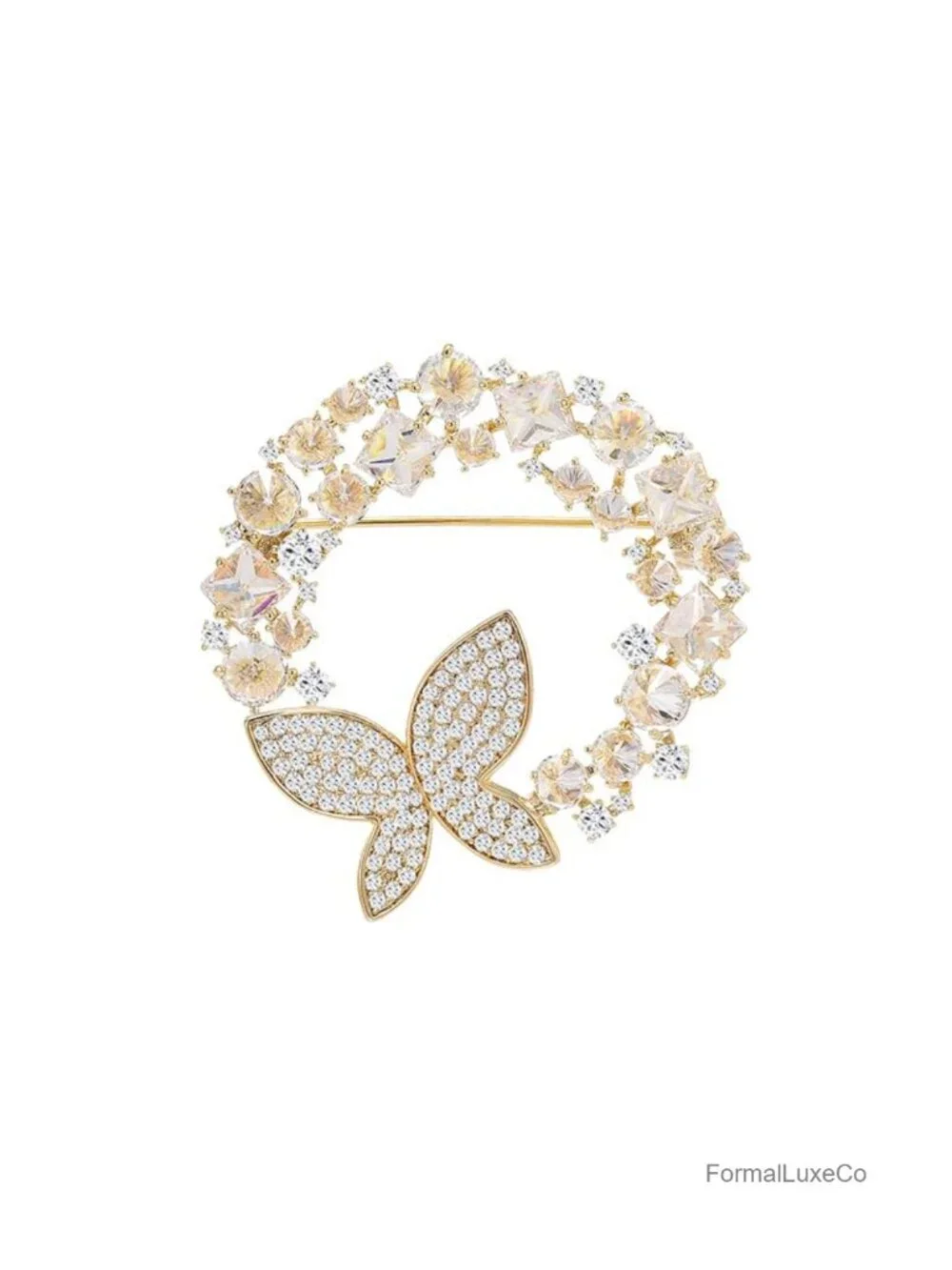 14K Gold Crystal Pearl Butterfly Brooch Pin Elegant Vintage Circular Design